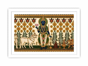 Traditional Krishna cow Canvas Print with floral gold detailing in green and white tones