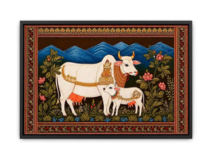 Kamdhenu sacred cow Canvas Print with calf and traditional detailing in gold and red tones