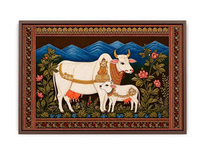 Kamdhenu sacred cow Canvas Print with calf and traditional detailing in gold and red tones