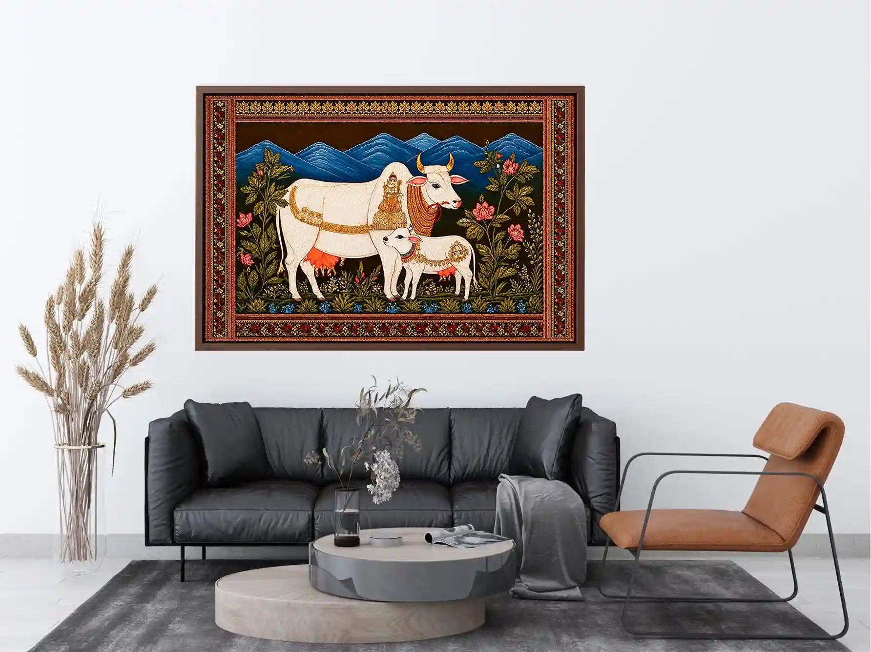 Kamdhenu sacred cow Canvas Print with calf and traditional detailing in gold and red tones