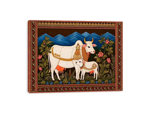 Kamdhenu sacred cow Canvas Print with calf and traditional detailing in gold and red tones