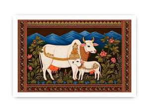 Kamdhenu sacred cow Canvas Print with calf and traditional detailing in gold and red tones