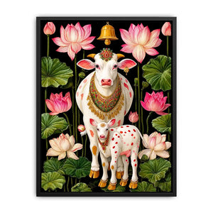Kamdhenu sacred cow Canvas Print with lotus flowers and calf in vibrant pink and green tones