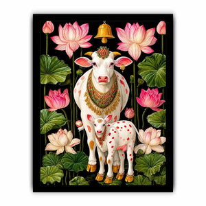 Kamdhenu sacred cow Canvas Print with lotus flowers and calf in vibrant pink and green tones