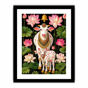 Kamdhenu sacred cow Canvas Print with lotus flowers and calf in vibrant pink and green tones