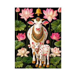 Kamdhenu sacred cow Canvas Print with lotus flowers and calf in vibrant pink and green tones