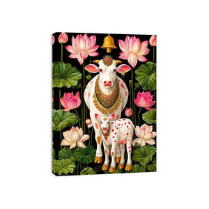 Kamdhenu sacred cow Canvas Print with lotus flowers and calf in vibrant pink and green tones