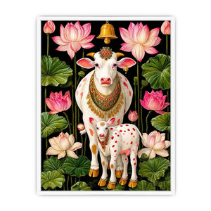 Kamdhenu sacred cow Canvas Print with lotus flowers and calf in vibrant pink and green tones