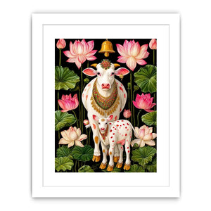 Kamdhenu sacred cow Canvas Print with lotus flowers and calf in vibrant pink and green tones
