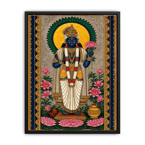 Hindu lotus deity Canvas Print with floral details and gold accents in blue and pink tones