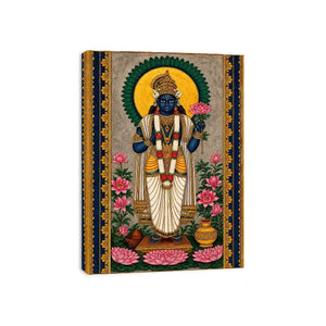 Hindu lotus deity Canvas Print with floral details and gold accents in blue and pink tones