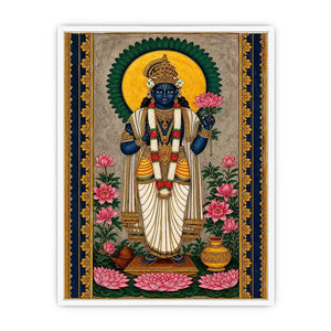 Hindu lotus deity Canvas Print with floral details and gold accents in blue and pink tones