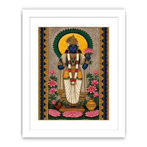 Hindu lotus deity Canvas Print with floral details and gold accents in blue and pink tones