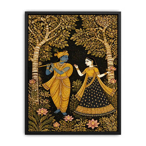 Krishna Radha gold Canvas Print with floral trees in black and gold tones