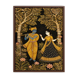 Krishna Radha gold Canvas Print with floral trees in black and gold tones