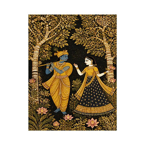Krishna Radha gold Canvas Print with floral trees in black and gold tones