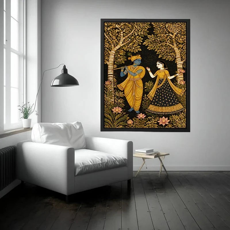 Krishna Radha gold Canvas Print with floral trees in black and gold tones