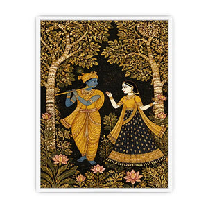 Krishna Radha gold Canvas Print with floral trees in black and gold tones