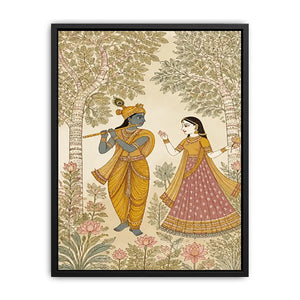 Krishna Radha forest Canvas Print traditional Indian painting canvas serene spiritual decor beige green luxury illustration
