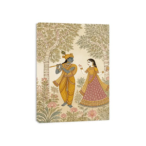 Krishna Radha forest Canvas Print traditional Indian painting canvas serene spiritual decor beige green luxury illustration