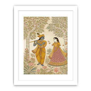 Krishna Radha forest Canvas Print traditional Indian painting canvas serene spiritual decor beige green luxury illustration