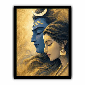 Shiva Parvati Canvas Print canvas gold blue spiritual painting divine couple luxury Indian decor serene artwork