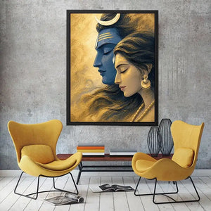 Shiva Parvati Canvas Print canvas gold blue spiritual painting divine couple luxury Indian decor serene artwork