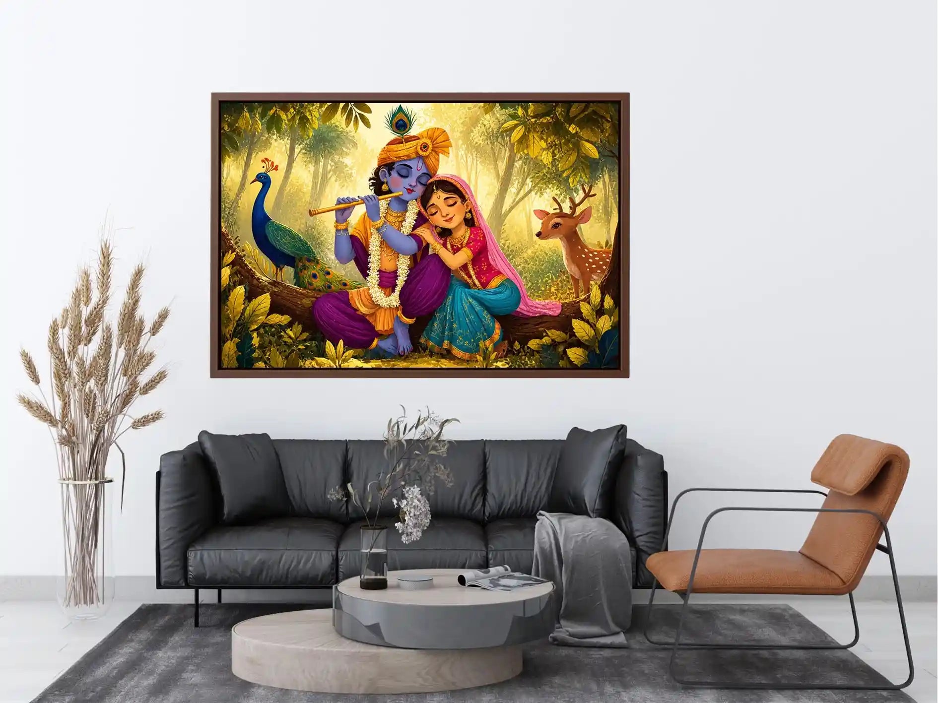 Krishna Radha forest Canvas Print canvas colorful spiritual painting peacock deer nature Indian decor kids friendly artwork