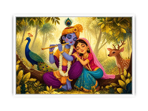Krishna Radha forest Canvas Print canvas colorful spiritual painting peacock deer nature Indian decor kids friendly artwork