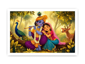 Krishna Radha forest Canvas Print canvas colorful spiritual painting peacock deer nature Indian decor kids friendly artwork