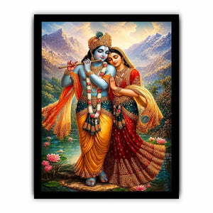 Krishna Radha mountain Canvas Print canvas lotus lake spiritual painting divine couple luxury Indian decor vibrant artwork