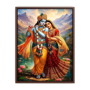 Krishna Radha mountain Canvas Print canvas lotus lake spiritual painting divine couple luxury Indian decor vibrant artwork
