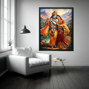 Krishna Radha mountain Canvas Print canvas lotus lake spiritual painting divine couple luxury Indian decor vibrant artwork