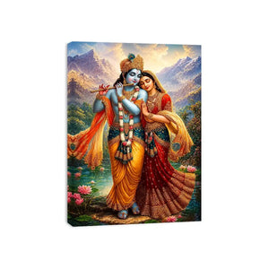 Krishna Radha mountain Canvas Print canvas lotus lake spiritual painting divine couple luxury Indian decor vibrant artwork