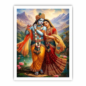 Krishna Radha mountain Canvas Print canvas lotus lake spiritual painting divine couple luxury Indian decor vibrant artwork