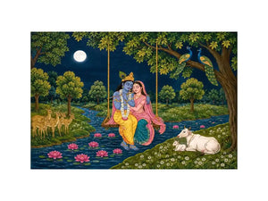 radha krishna moonlit swing devotional wall art