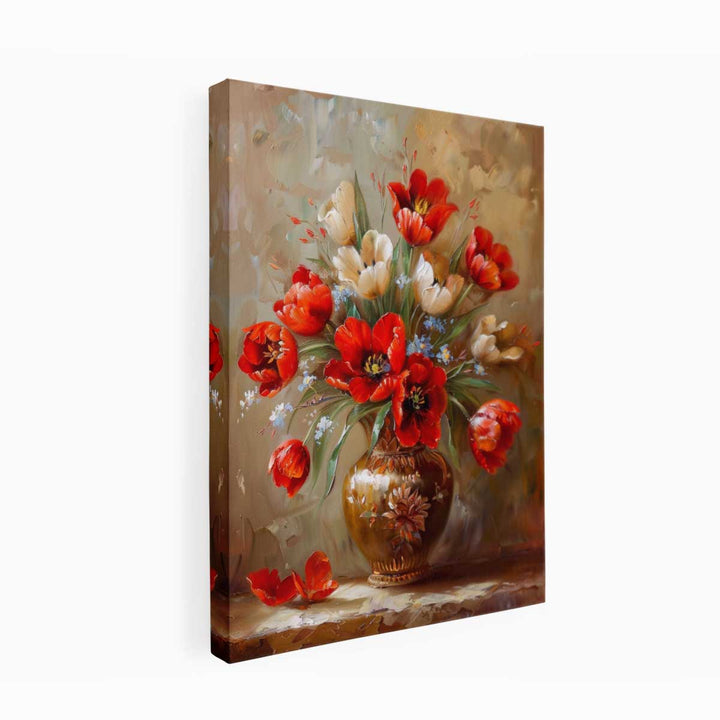 Red Flowers with Vase Painting canvas Print