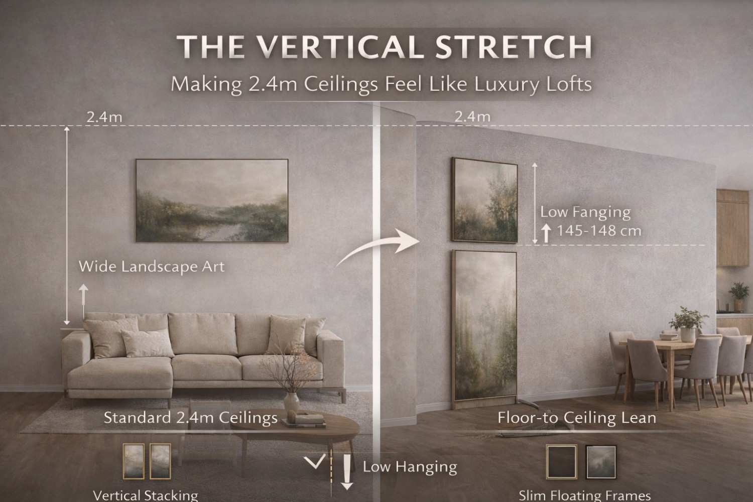 Enhancing low ceilings with vertical art
