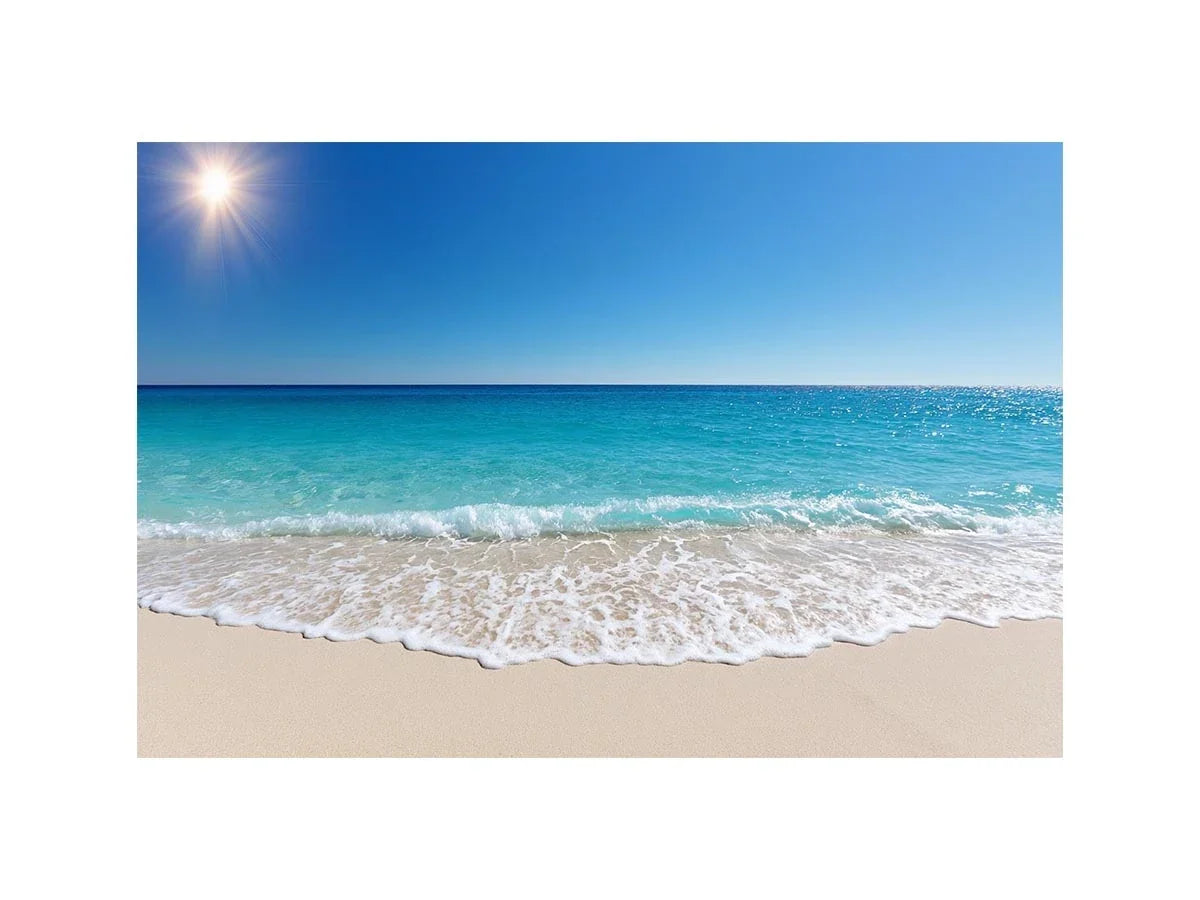 Turquoise ocean beach landscape photography with white surf and sandy shore for modern coastal living room decor.