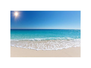 Turquoise ocean beach landscape photography with white surf and sandy shore for modern coastal living room decor.