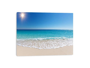Turquoise ocean beach landscape photography with white surf and sandy shore for modern coastal living room decor.