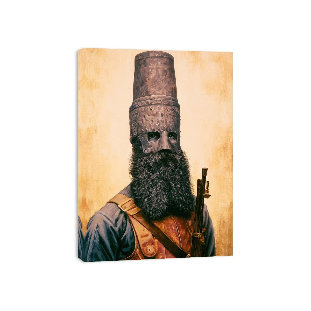 Rugged western portrait canvas print with revolver for office and man cave decor.
