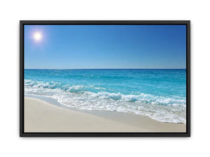 Turquoise ocean beach photography with white waves and sandy shore for coastal living room decor.