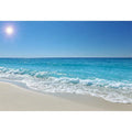 Turquoise ocean beach photography with white waves and sandy shore for coastal living room decor.