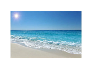 Turquoise ocean beach photography with white waves and sandy shore for coastal living room decor.