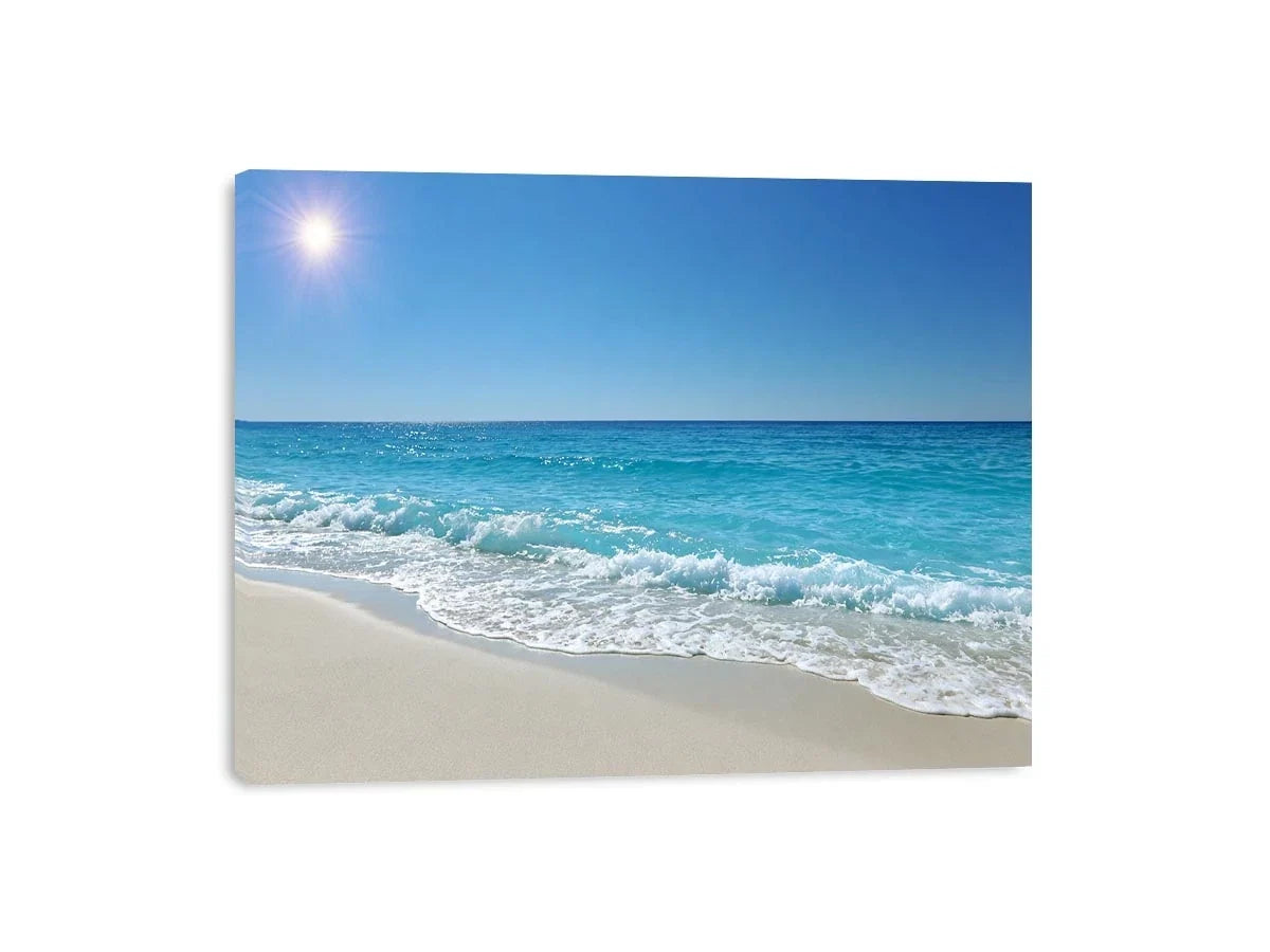 Turquoise ocean beach photography with white waves and sandy shore for coastal living room decor.