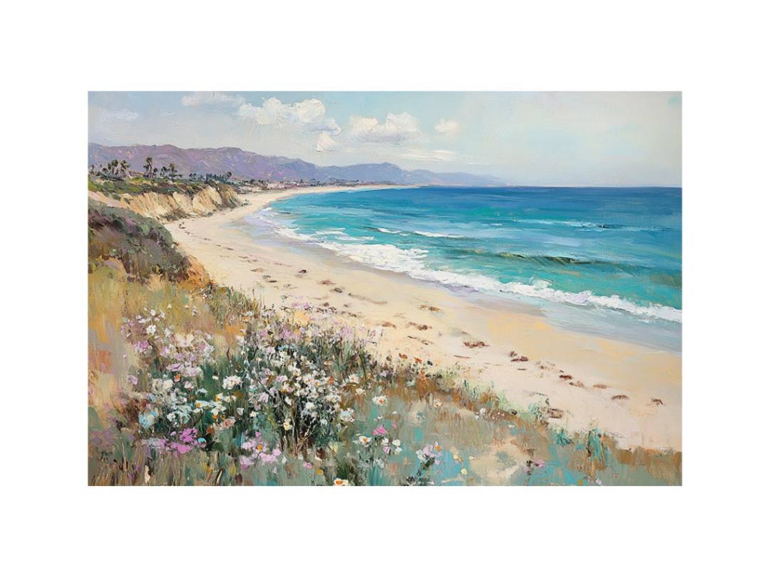 Coastal wildflower beach canvas art with turquoise ocean for light living room decor.