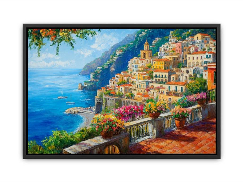 Colourful Positano coastal canvas art with sea, flowers, and cliffside village for living room decor.