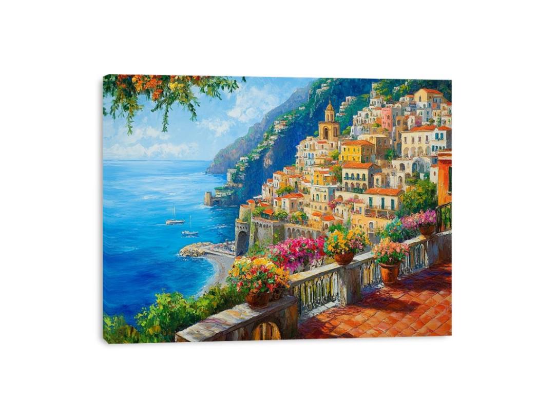 Colourful Positano coastal canvas art with sea, flowers, and cliffside village for living room decor.