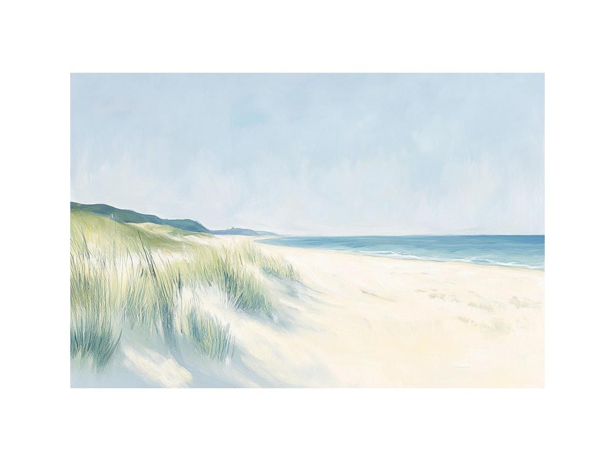 Soft coastal dunes and shoreline artwork for serene living room or beach house decor.